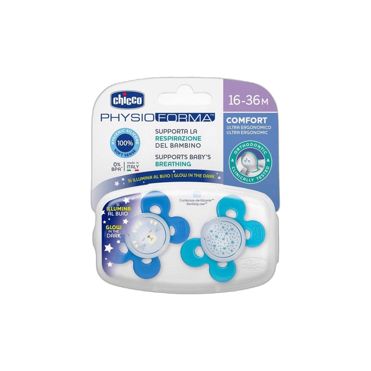 Chicco Chupeta Physio Comfort Night Boy 16-36 Meses x2
