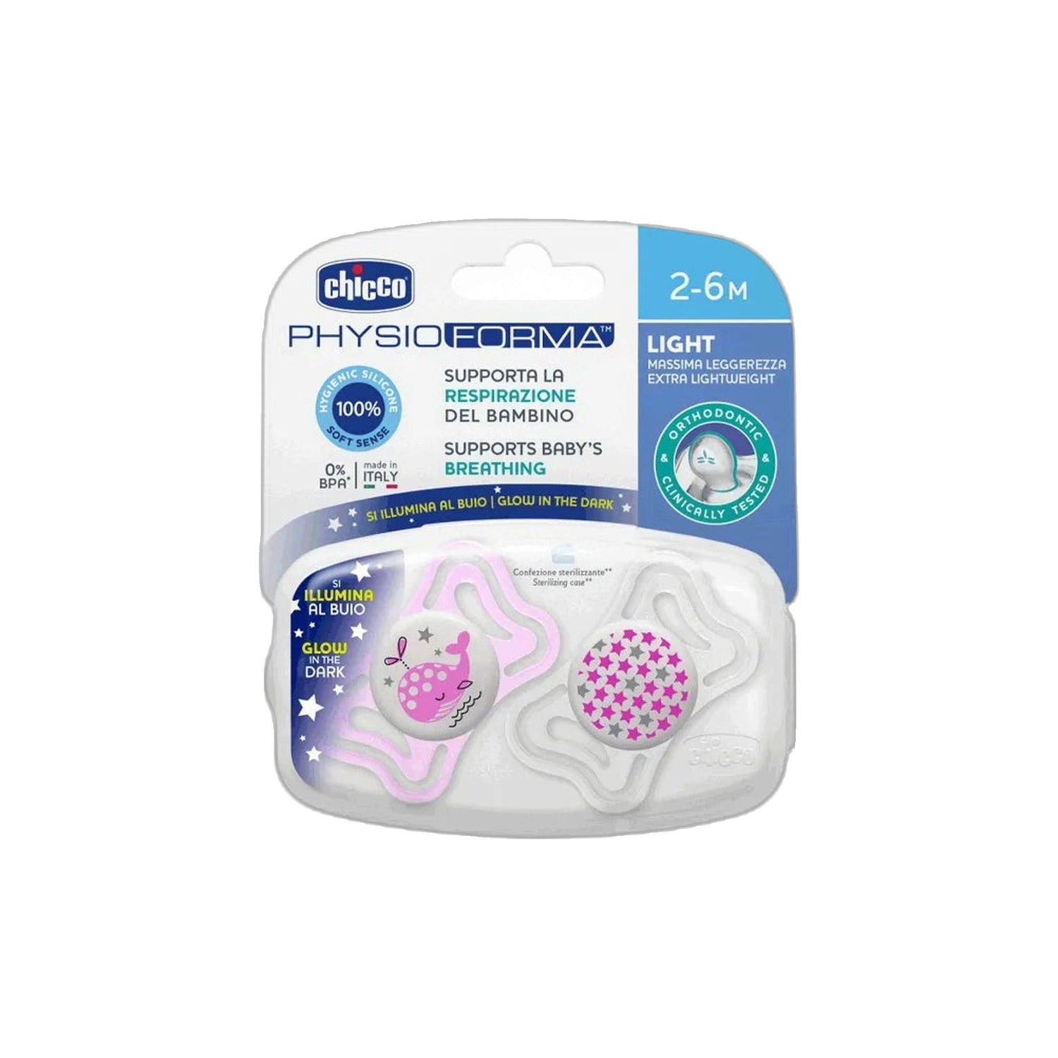 Chicco Chupeta Physio Leite Lumi Silicone 2-6m x2