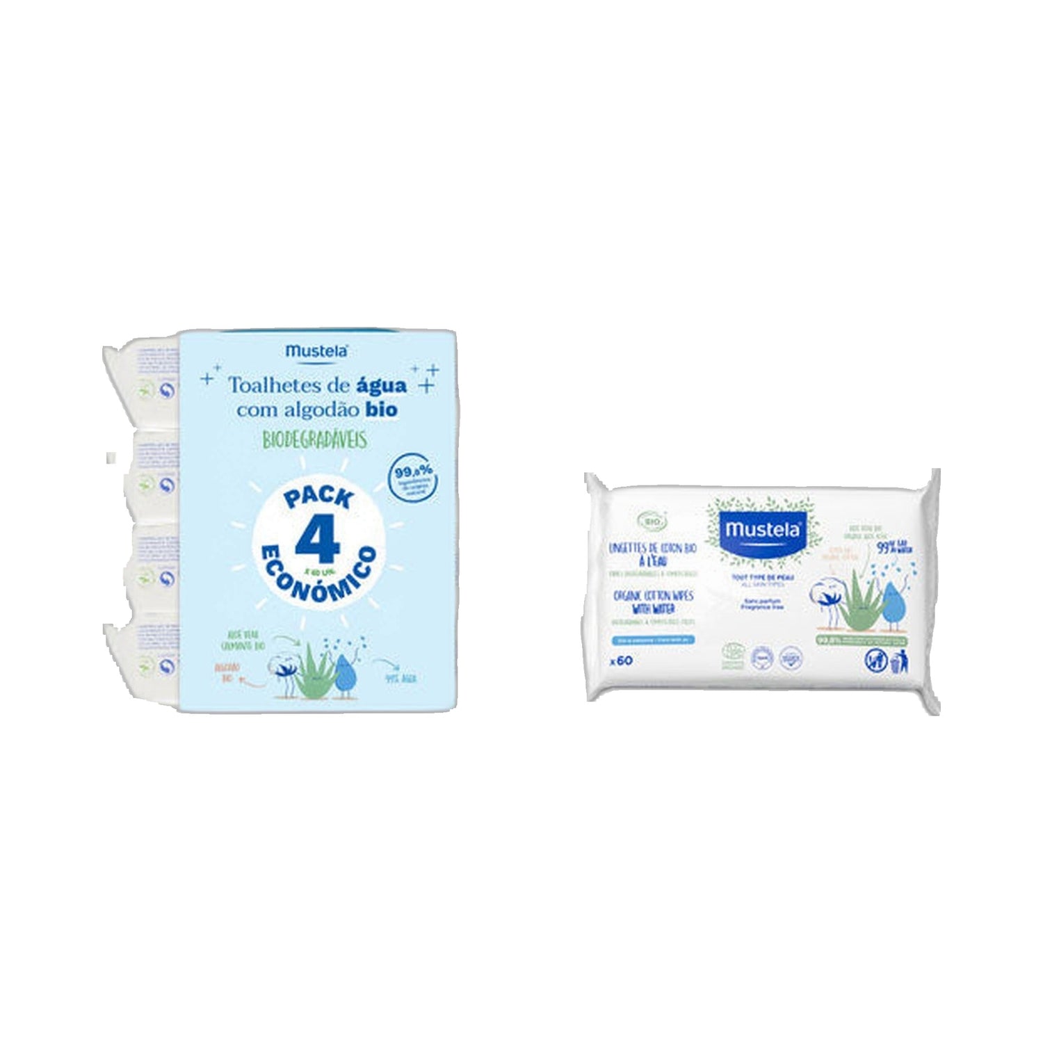 Mustela Toalhetes Água Algodão Bio Pack 4