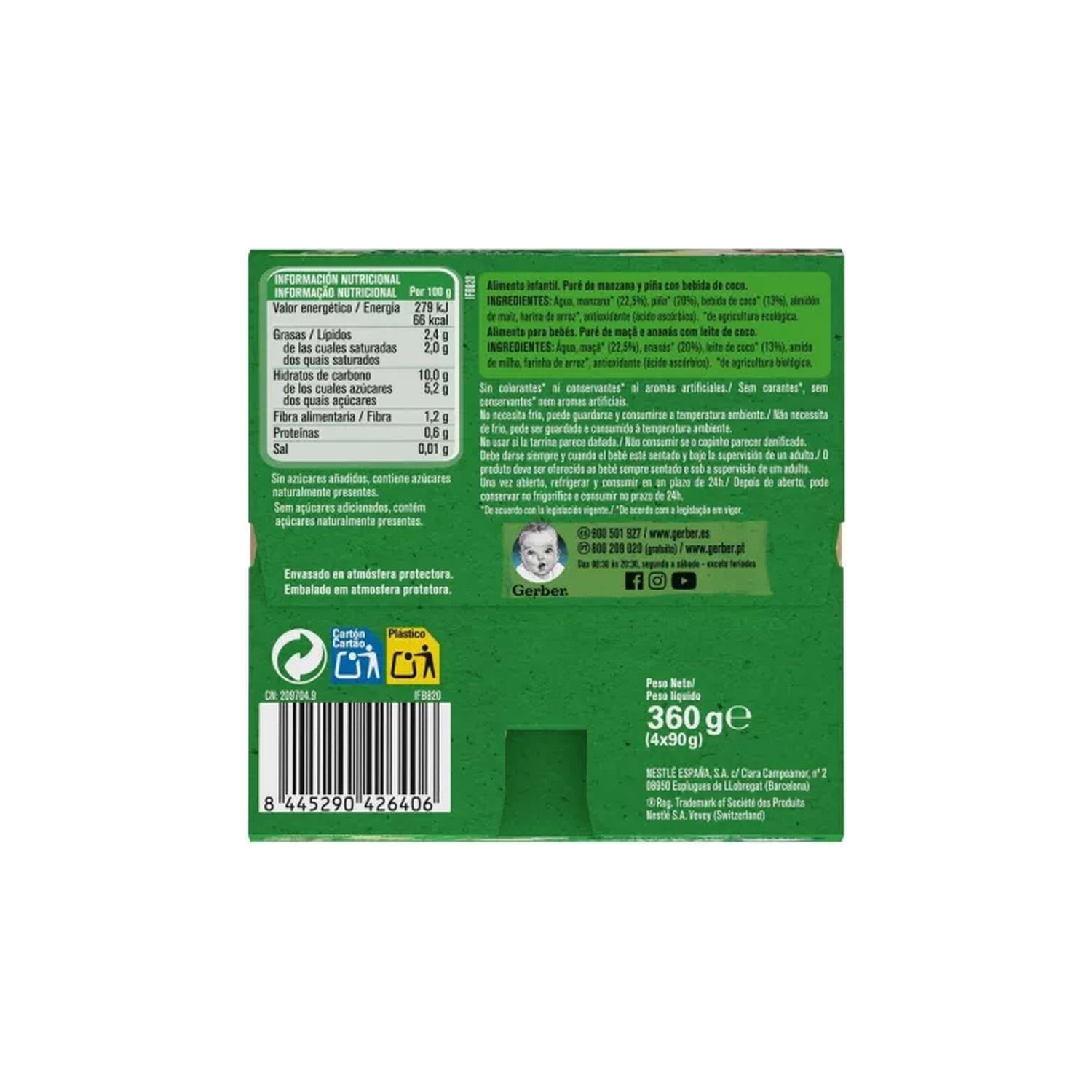 Gerber Orgânico Maçã Ananás com Leite de Coco 4x90 g 6M+
